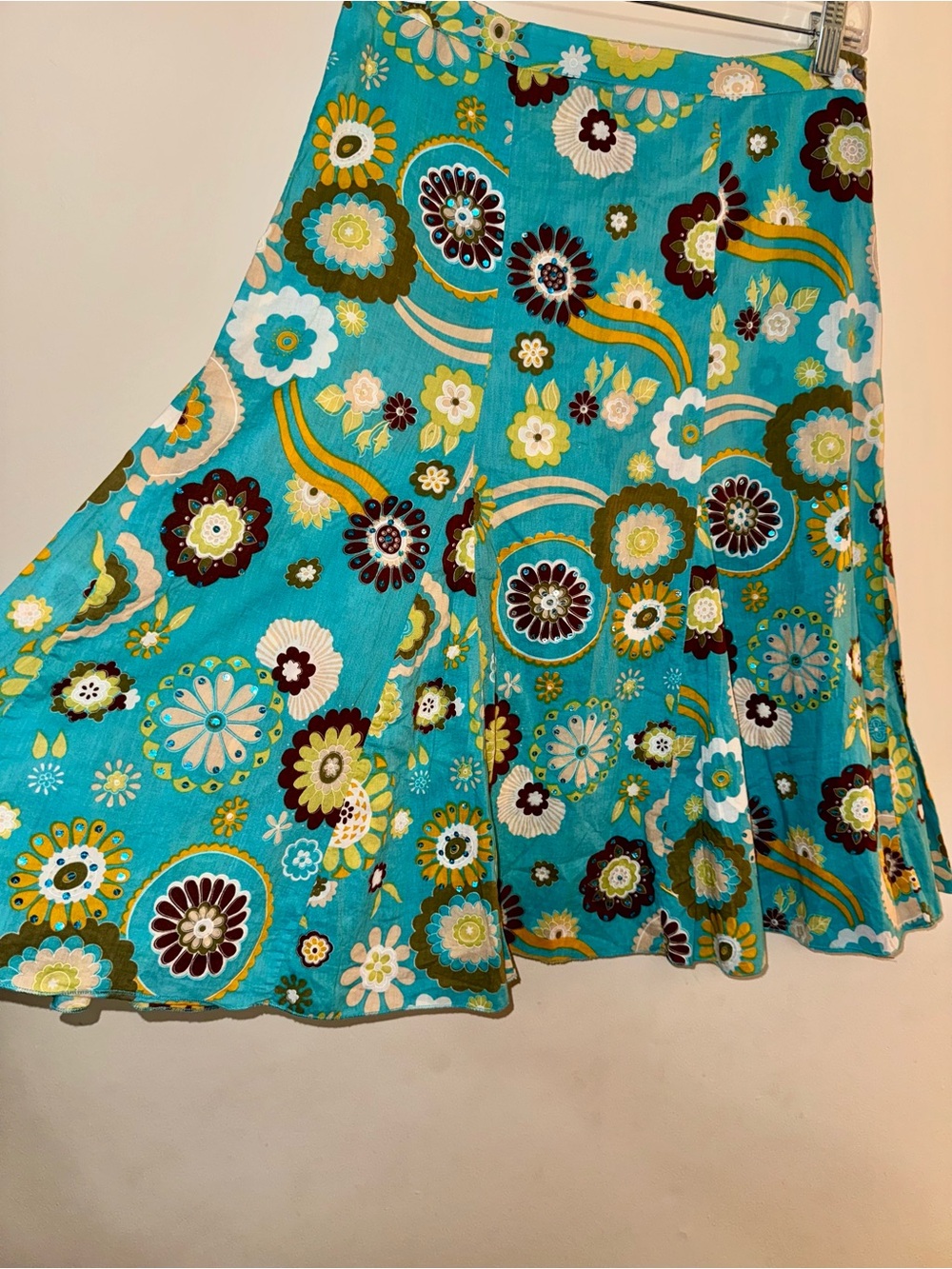 VTG Y2K Plum Clothing Coupe Floral Midi Skirt Turquoise Green Cream Boho Medium - Picture 2 of 10